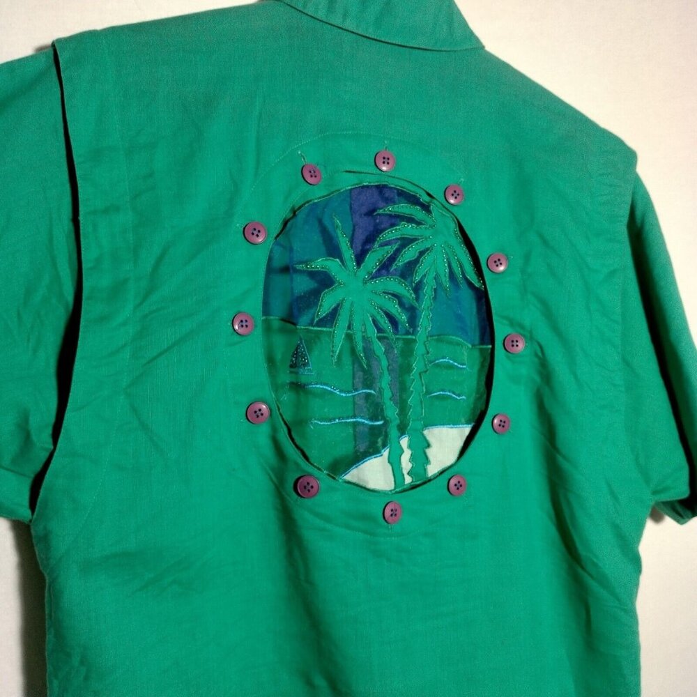 Bonnie Boerer Unlimited Blouse S Green Button Nautical Porthole Palm Tree Cruise - Picture 9 of 16